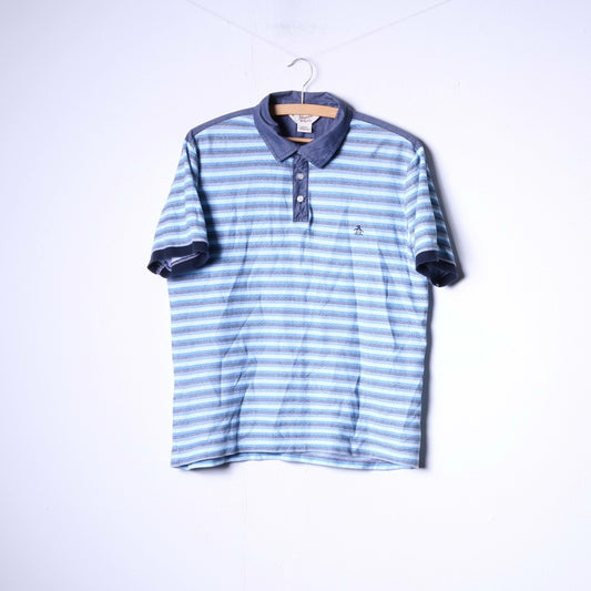 Penguin Mens L (M) Polo Shirt Blue Striped Cotton Buttons Detailed Top