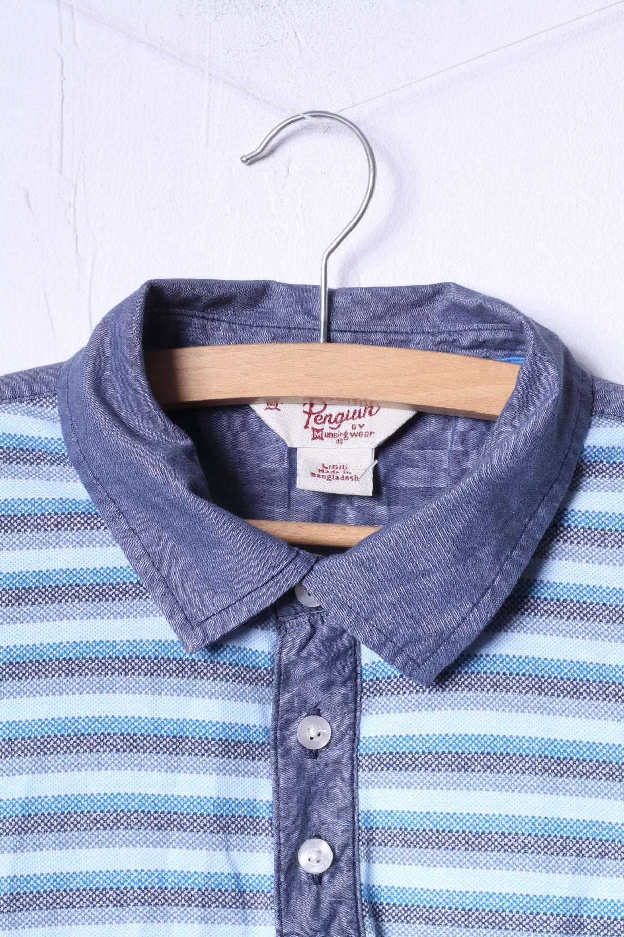 Penguin Mens L (M) Polo Shirt Blue Striped Cotton Buttons Detailed Top