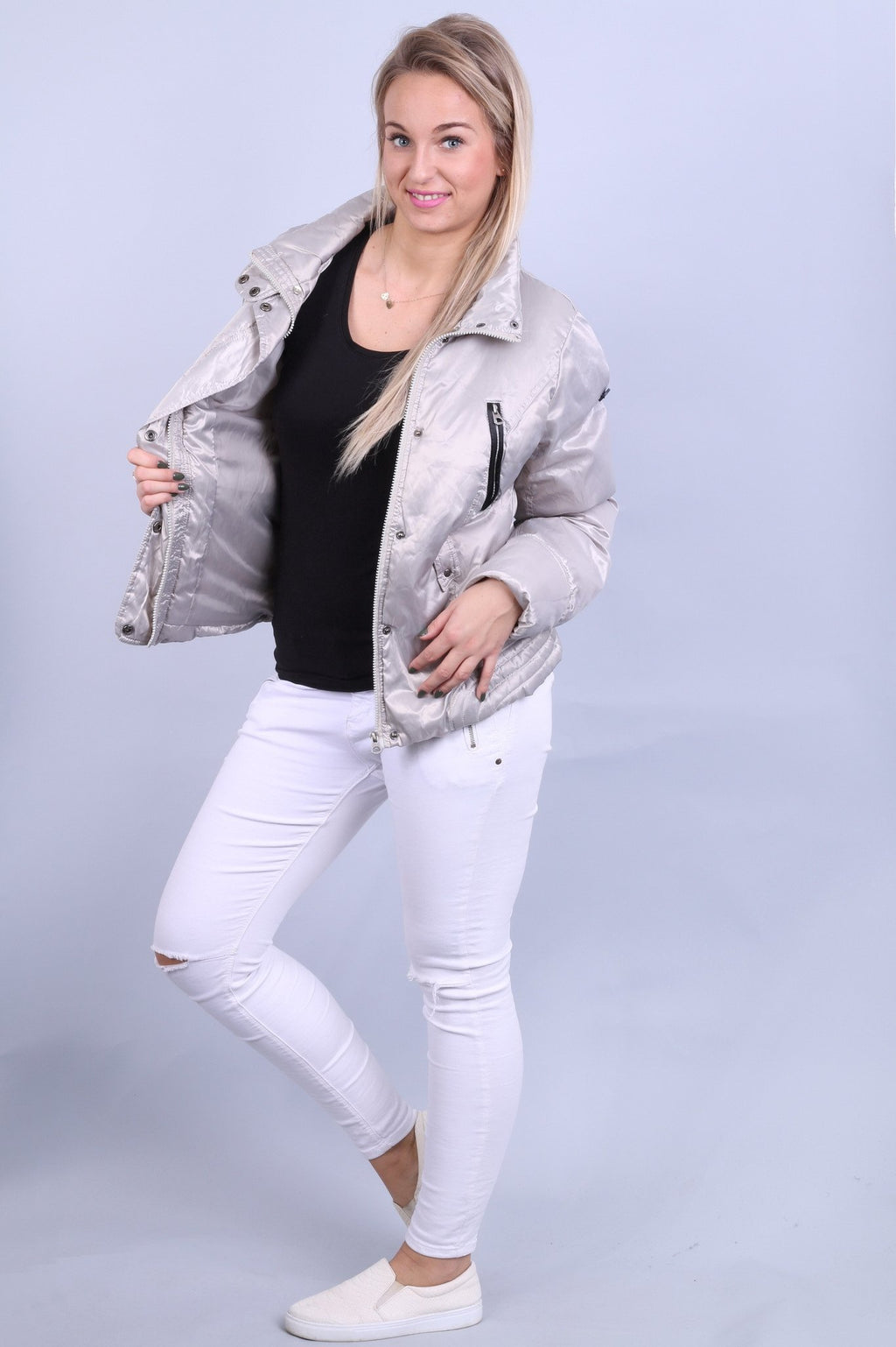 Broadway – veste argentée rembourrée et brillante pour femme, haut décontracté avec fermeture éclair complète, 38 M