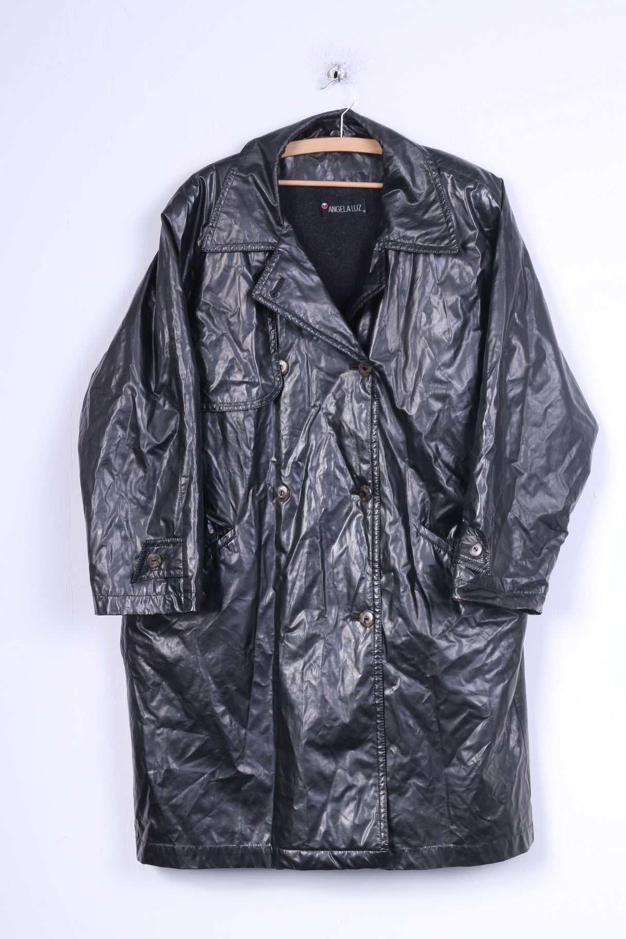 Cappotto Angela Luz da donna 42 XL Giacca doppiopetto in cera nera lucida