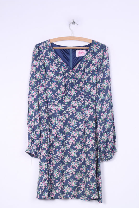 Ruby Belle Womens 10 M Mini Dress Flower Print Long Sleeve Navy V neck