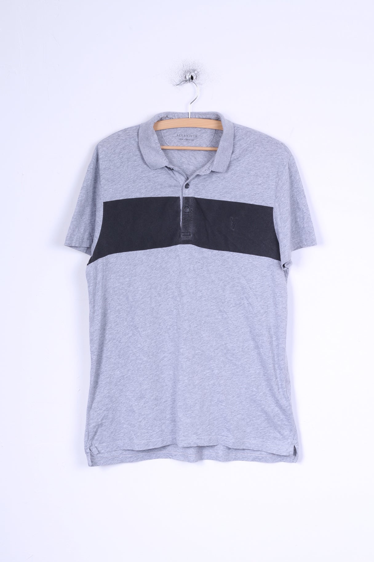 All Saints Mens S Polo Shirt Grey Cotton Stretch Short Sleeve