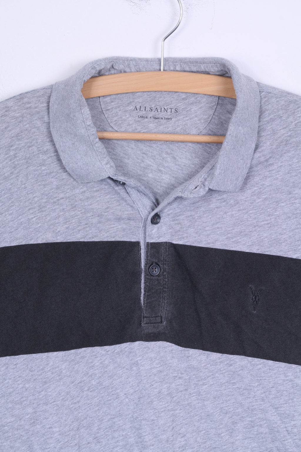 All Saints Mens S Polo Shirt Grey Cotton Stretch Short Sleeve