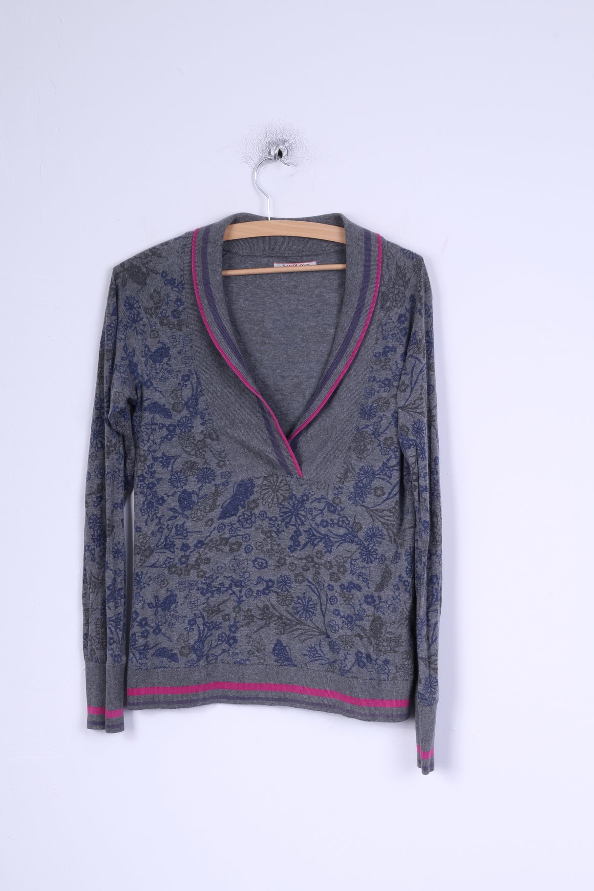 Replay Camicia M da donna Grigia a maniche lunghe con scialle stampato a fiori elasticizzati