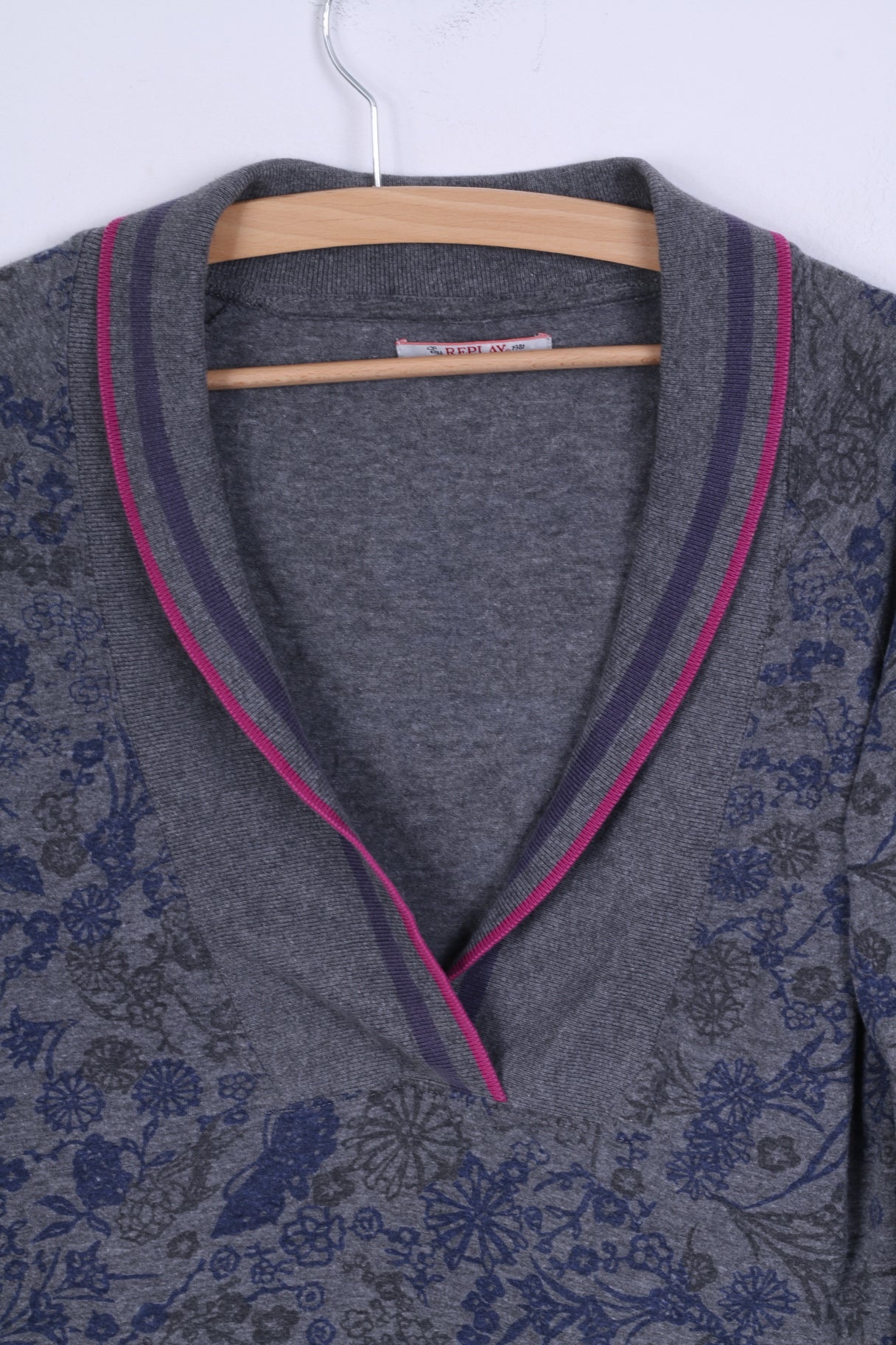 Replay Camicia M da donna Grigia a maniche lunghe con scialle stampato a fiori elasticizzati