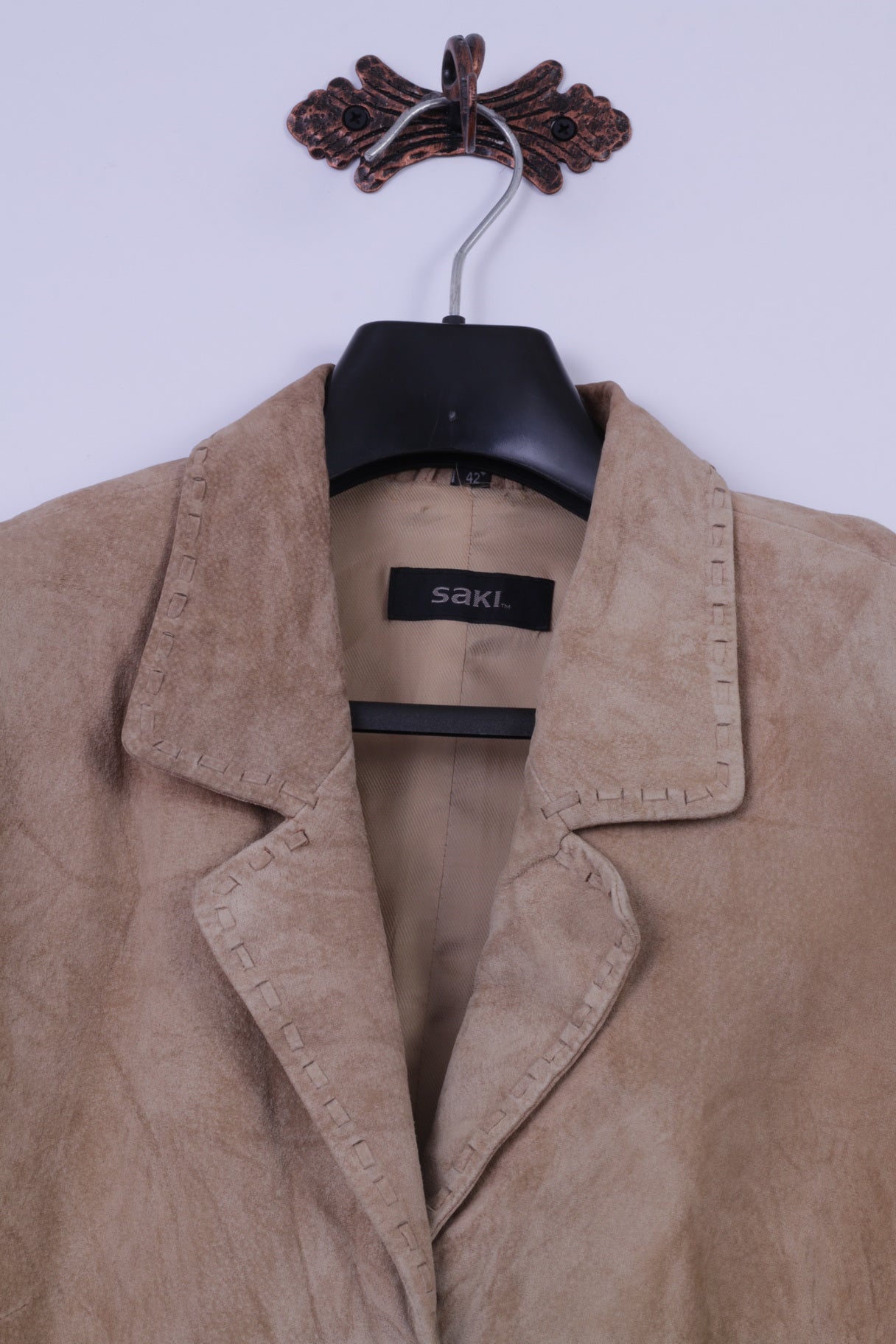 Giacca SAKI da donna 42 Blazer con bottoni in pelle scamosciata beige Classico top country