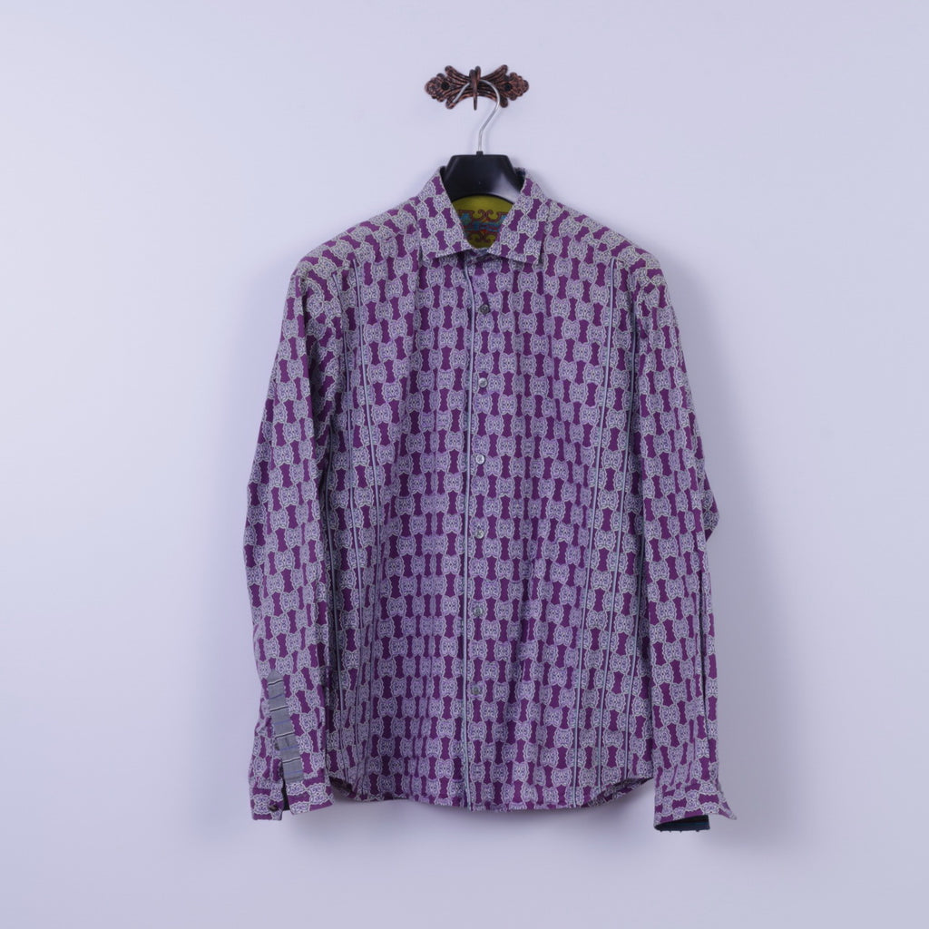 Robert Graham Mens XL Casual Shirt Purple Cotton Trim Silk Long Sleeve Classic Fit