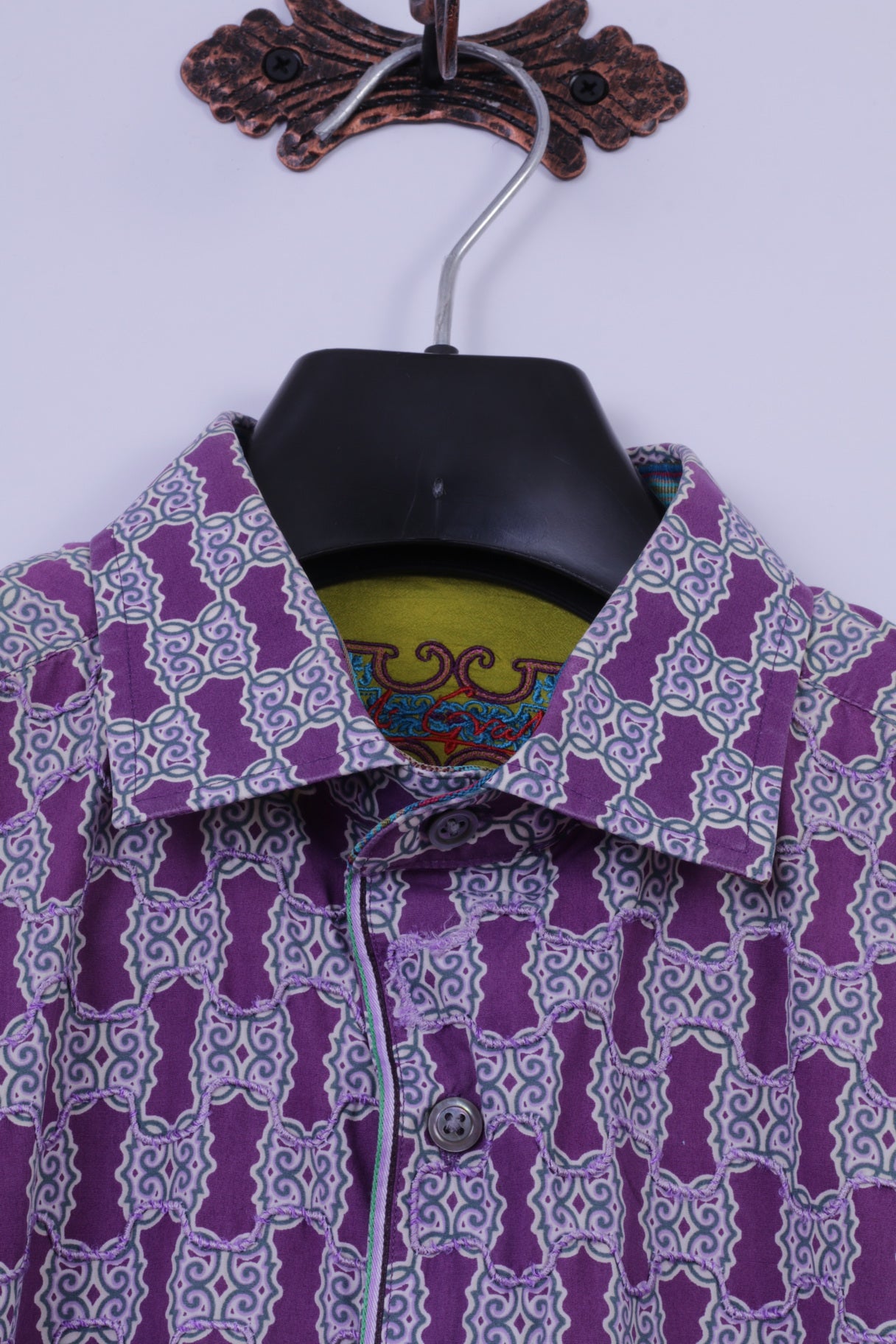 Robert Graham Mens XL Casual Shirt Purple Cotton Trim Silk Long Sleeve Classic Fit