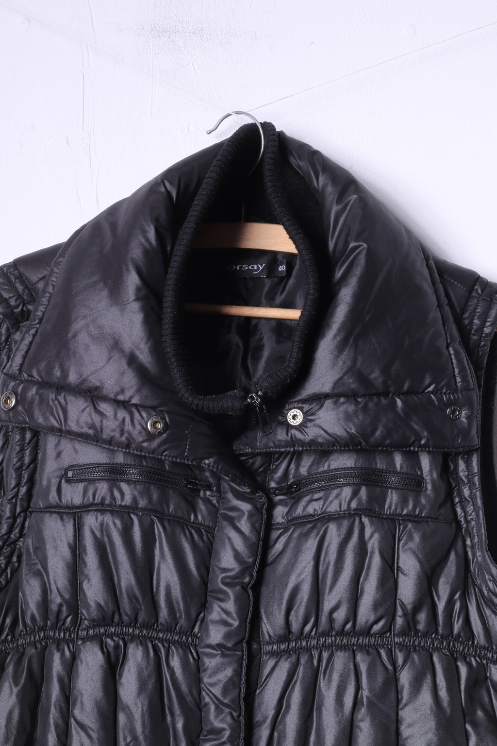 Orsay Womens 40 M/L Bodywarmer Full Zipper Padded Black Shiny nylon Vest