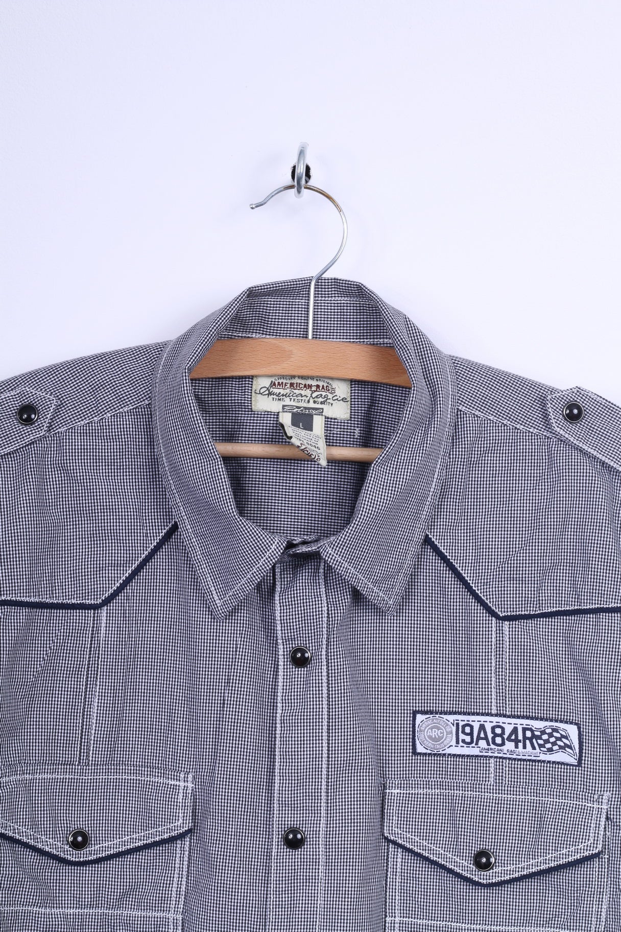 American Rag CIF Camicia casual da uomo L in cotone nero con bottoni automatici a quadretti Manica corta