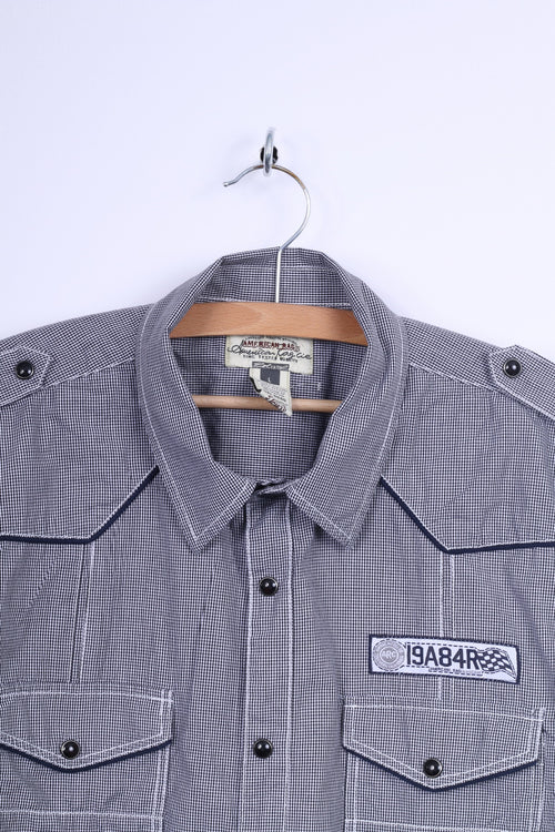 American Rag CIF Mens L Casual Shirt Black Cotton Checkered Popper Buttons Short Sleeve