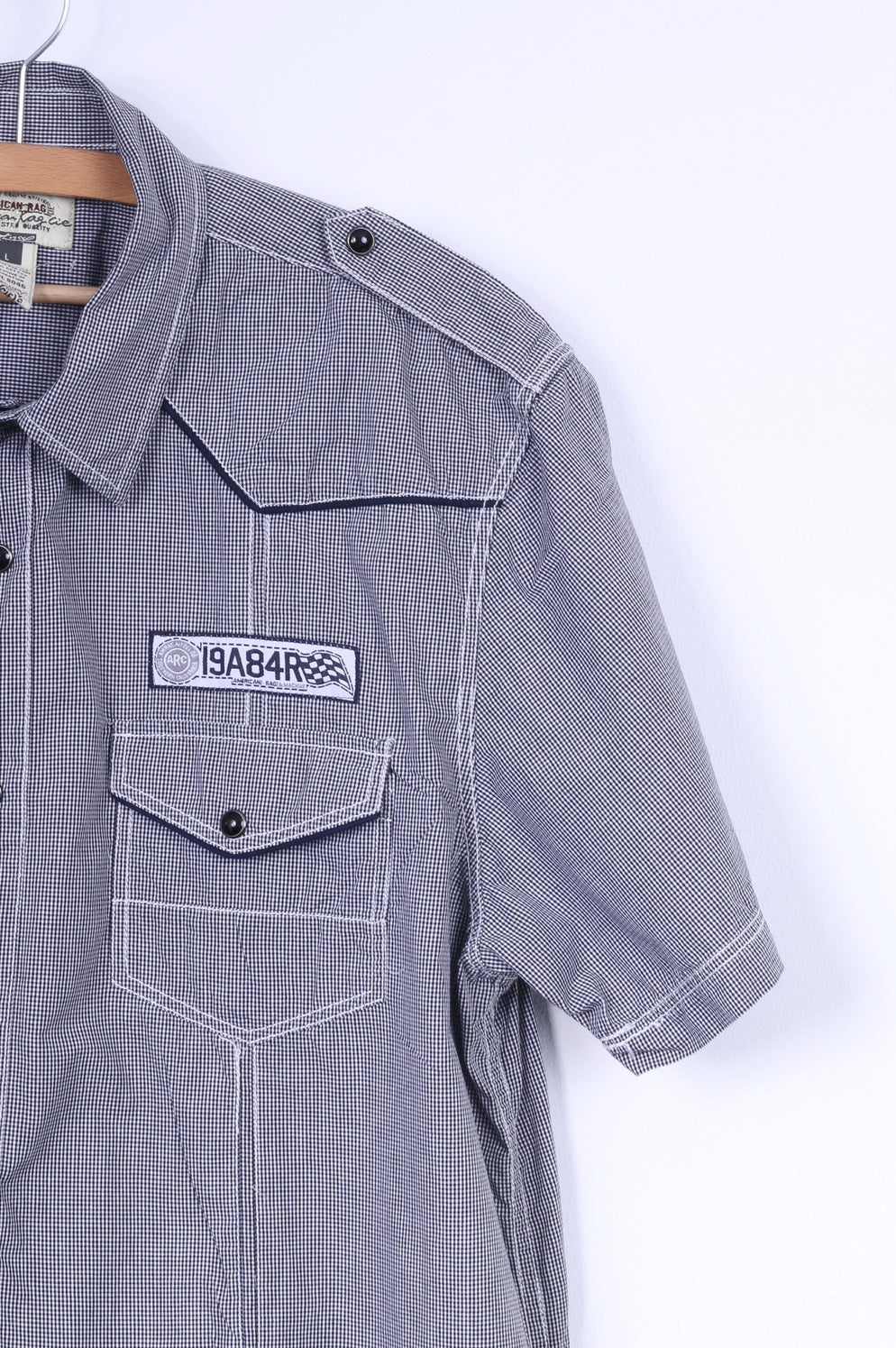 American Rag CIF Camicia casual da uomo L in cotone nero con bottoni automatici a quadretti Manica corta