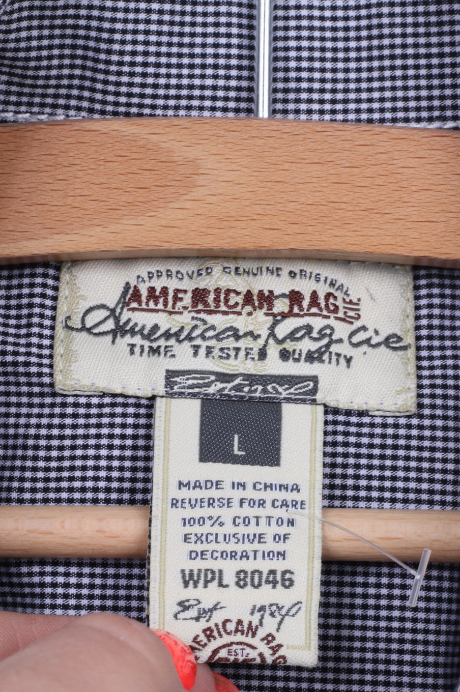 American Rag CIF Mens L Casual Shirt Black Cotton Checkered Popper Buttons Short Sleeve