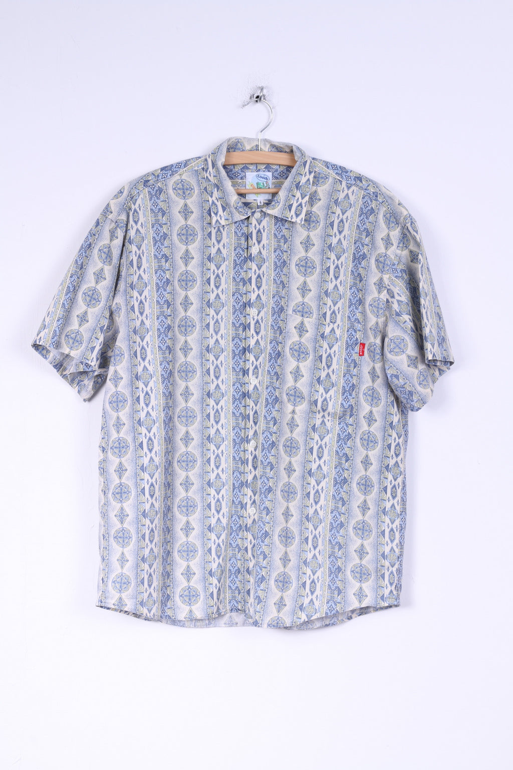 Loock Mens 4 M Casual Shirt Cotton Aztec Pattern Blue Short Sleeve