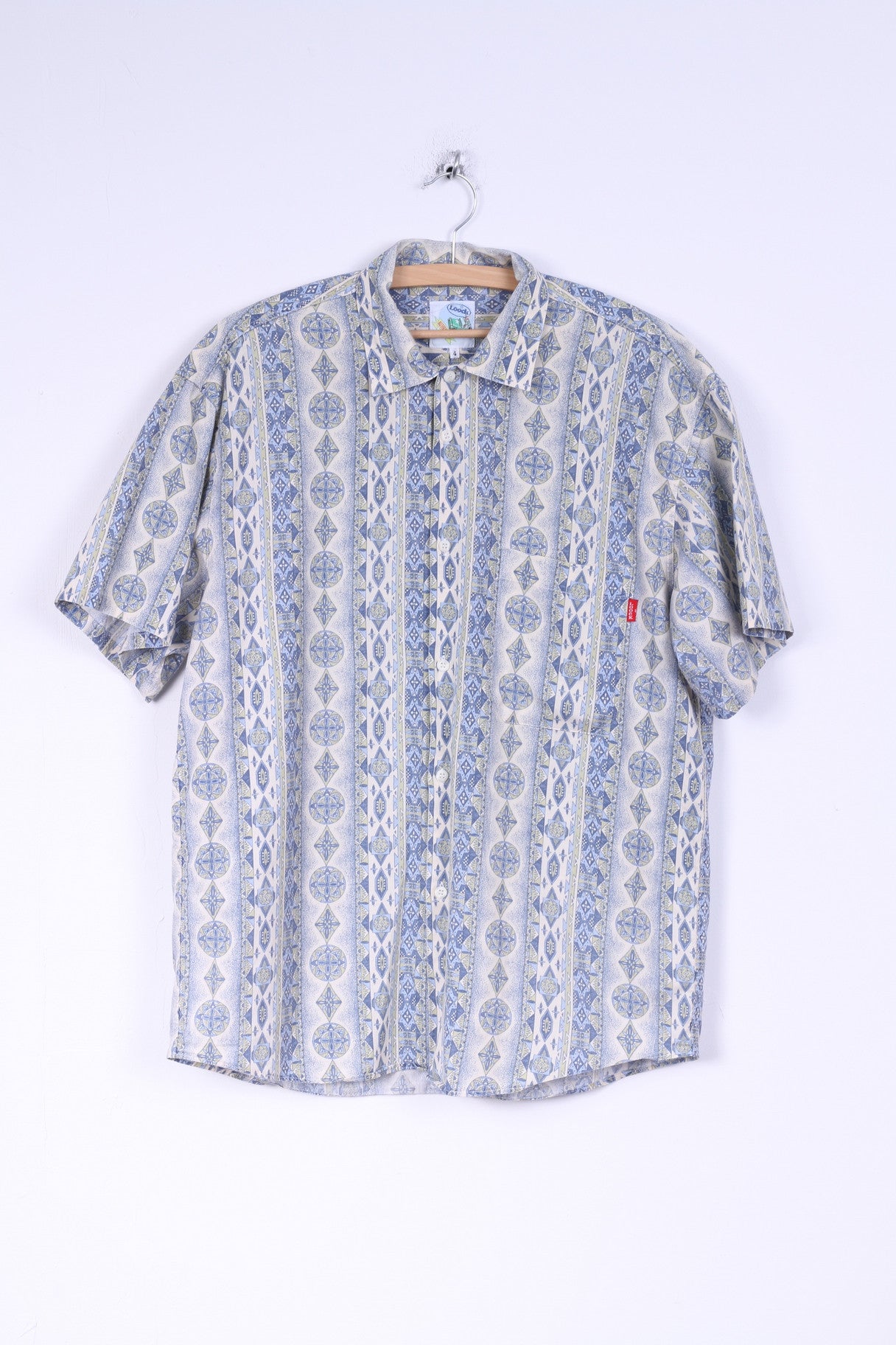 Loock Mens 4 M Casual Shirt Cotton Aztec Pattern Blue Short Sleeve