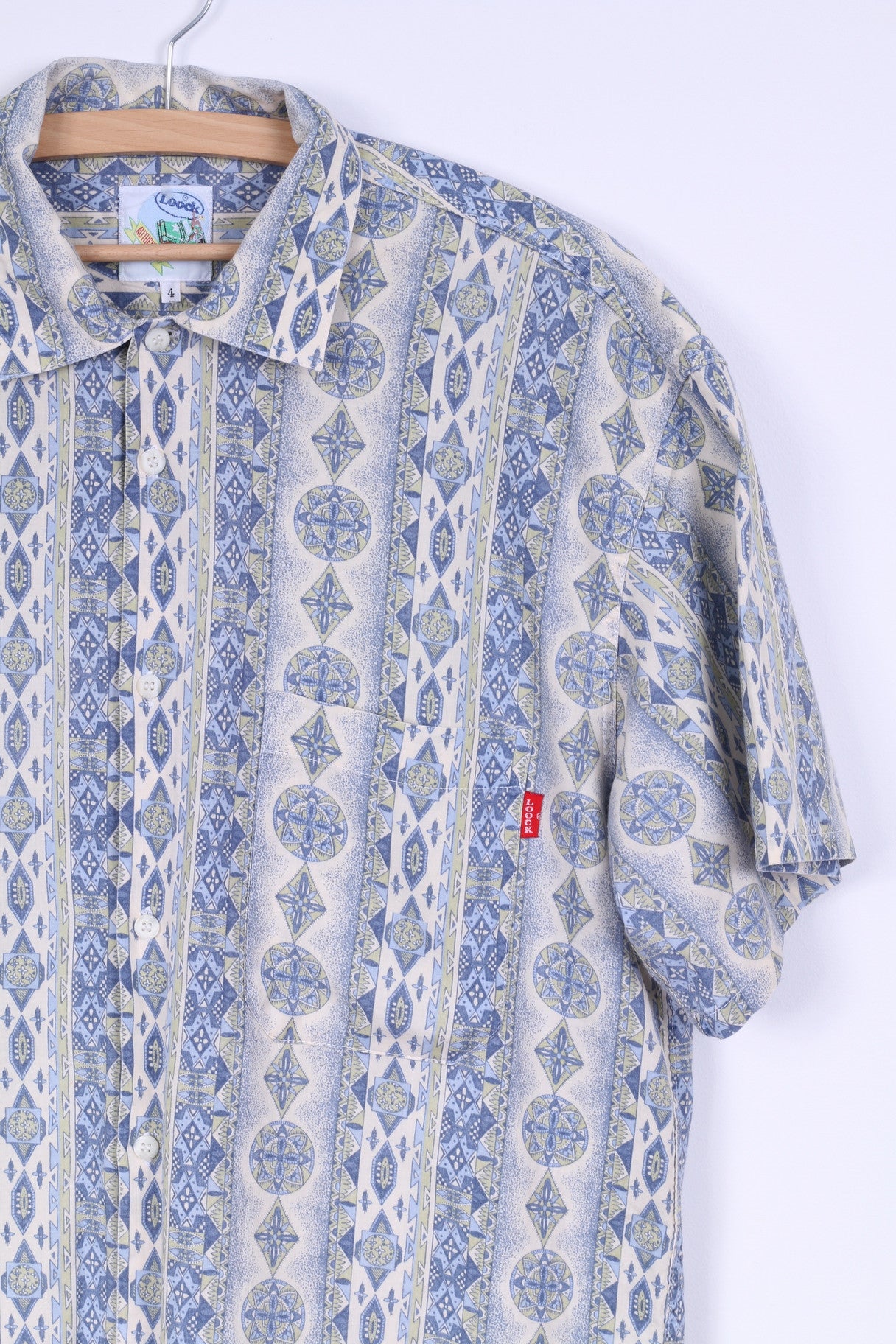 Loock Mens 4 M Casual Shirt Cotton Aztec Pattern Blue Short Sleeve