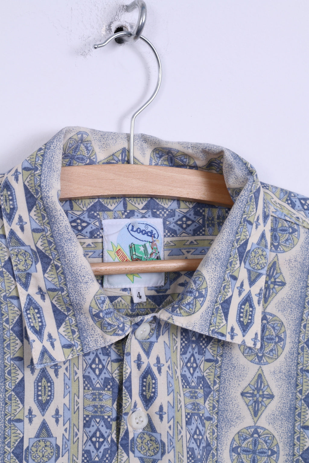 Loock Mens 4 M Casual Shirt Cotton Aztec Pattern Blue Short Sleeve