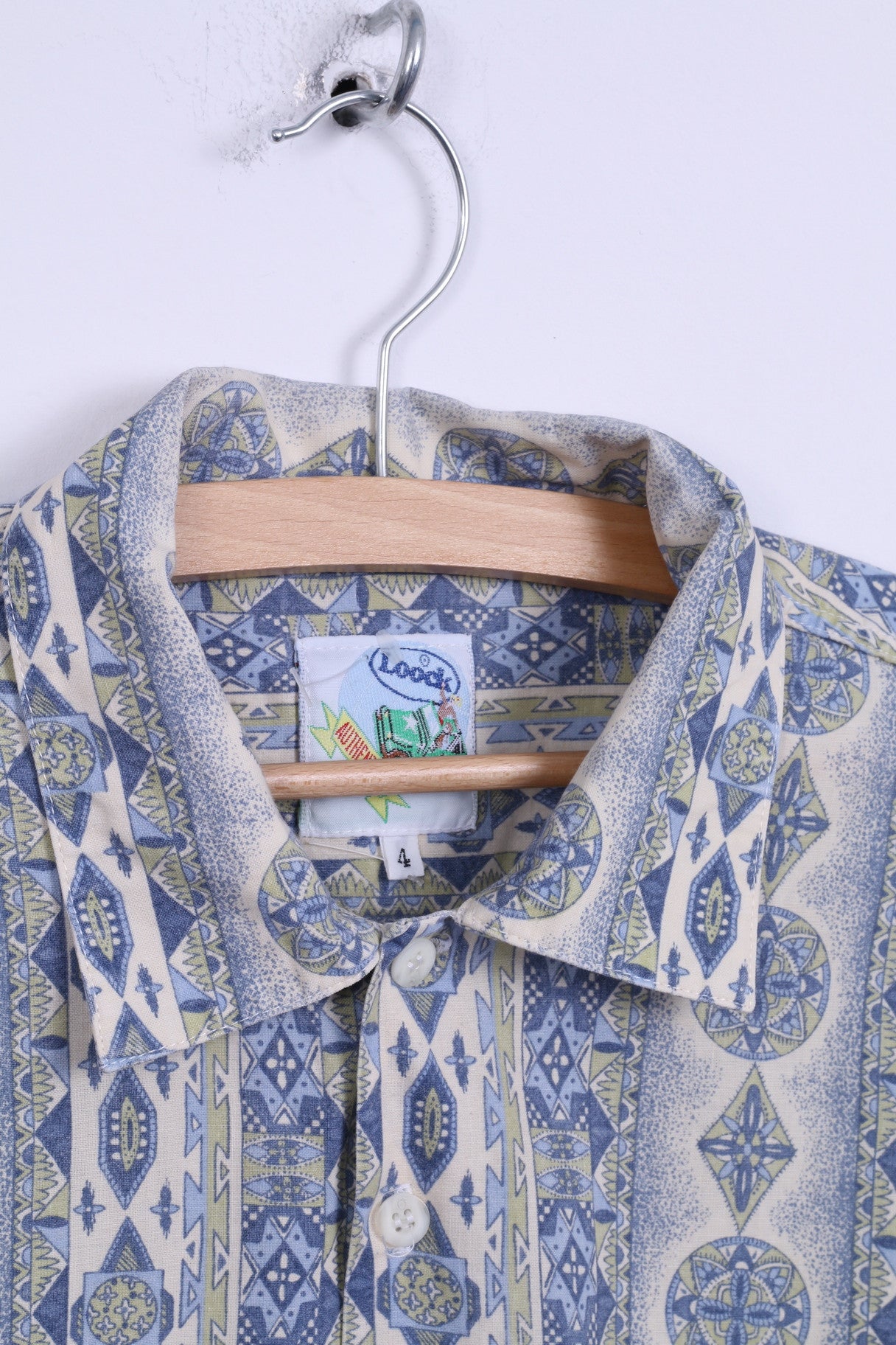Loock Mens 4 M Casual Shirt Cotton Aztec Pattern Blue Short Sleeve