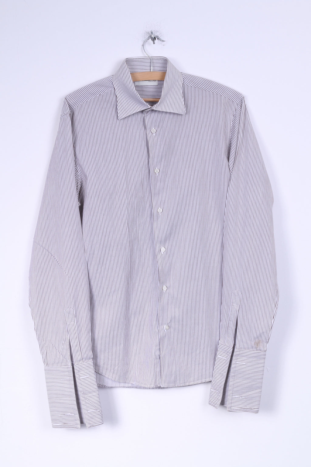 Poggianti Hommes 39 15,5 M Chemise Décontractée Blanc Marron Rayé Coton Italie Boutons Détaillés Manches Longues