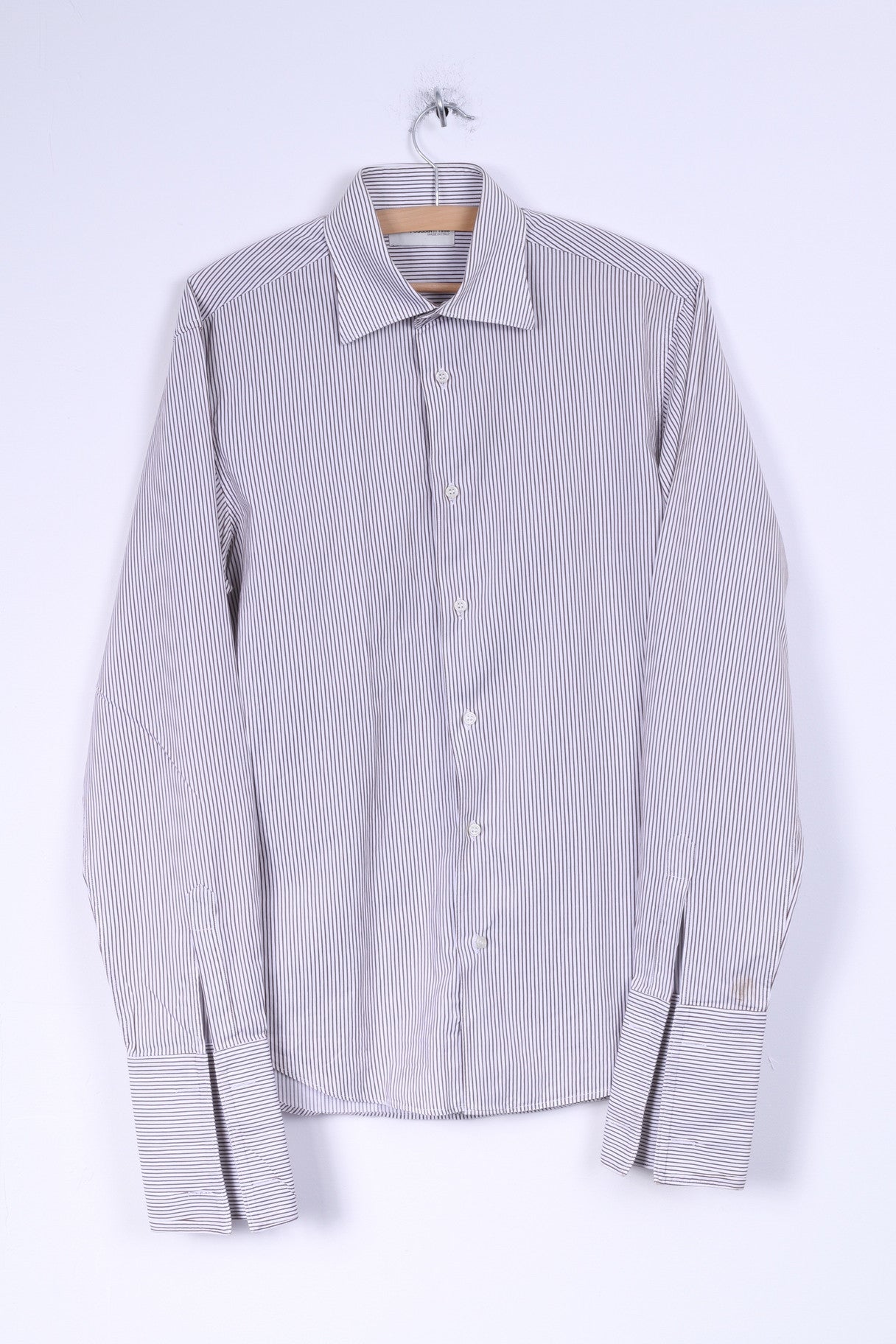 Poggianti Hommes 39 15,5 M Chemise Décontractée Blanc Marron Rayé Coton Italie Boutons Détaillés Manches Longues