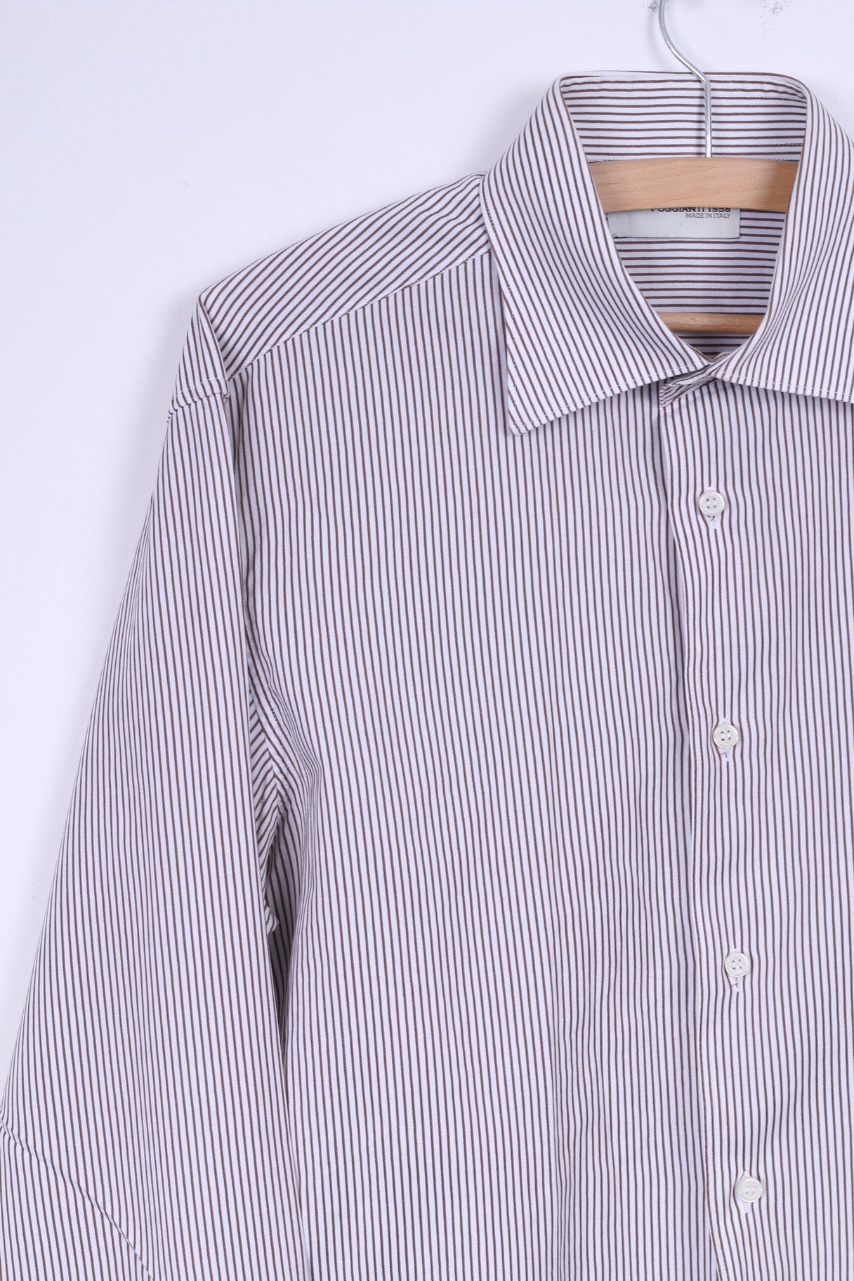 Poggianti Mens 39 15.5 M Casual Shirt White Brown Striped Cotton Italy Detailed Buttons Long Sleeve