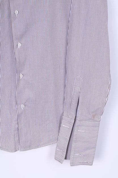 Poggianti Mens 39 15.5 M Casual Shirt White Brown Striped Cotton Italy Detailed Buttons Long Sleeve