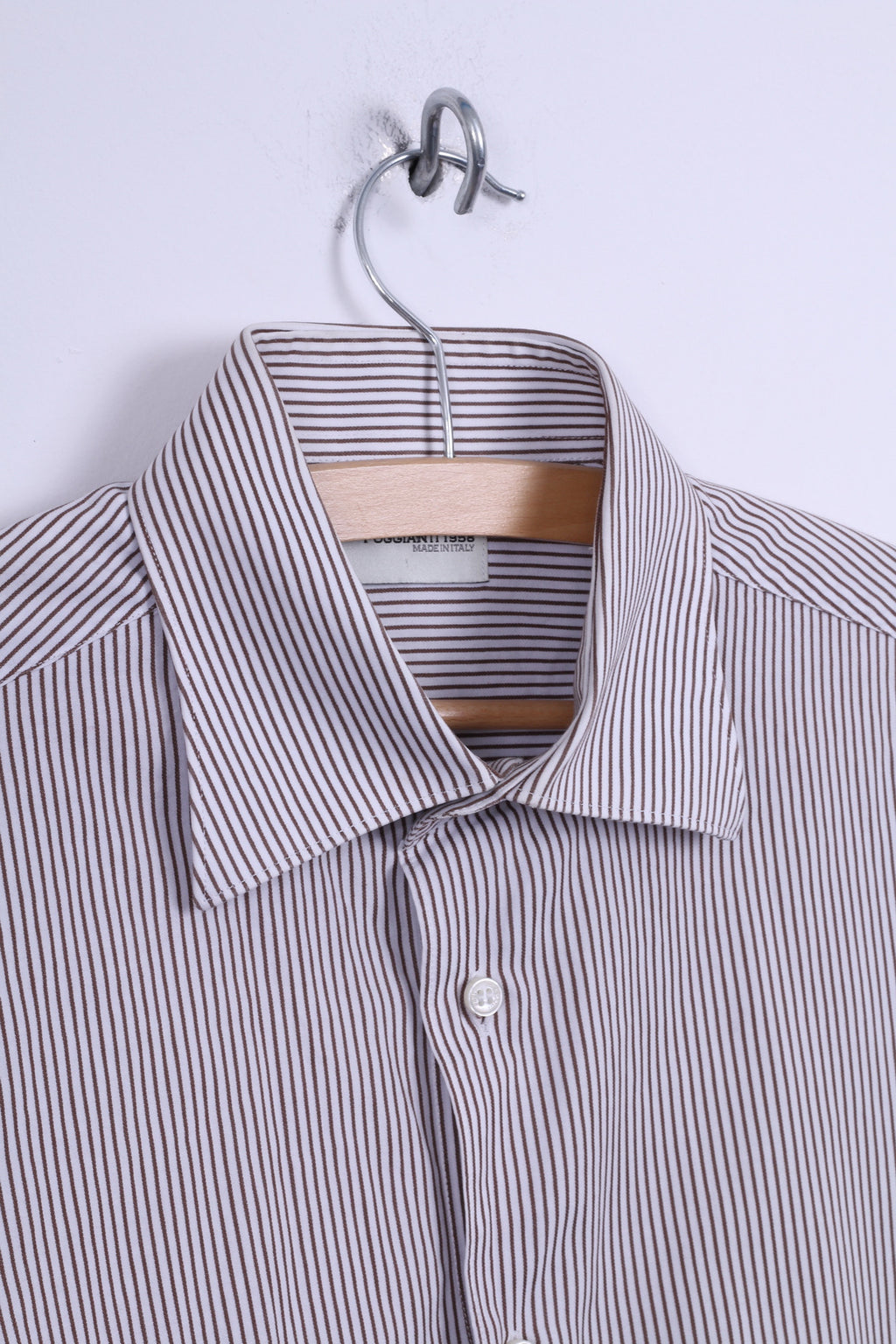 Poggianti Hommes 39 15,5 M Chemise Décontractée Blanc Marron Rayé Coton Italie Boutons Détaillés Manches Longues