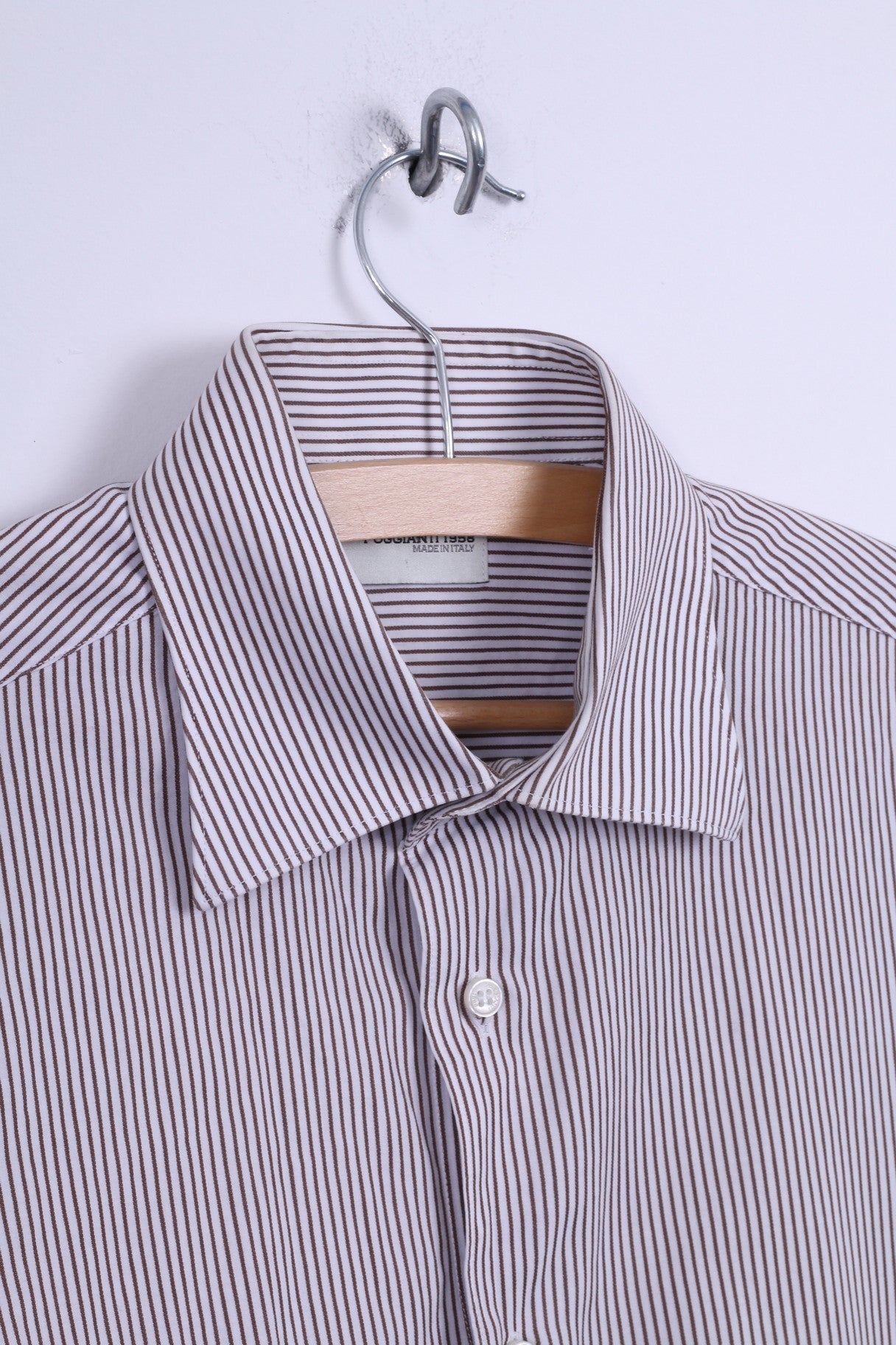 Poggianti Hommes 39 15,5 M Chemise Décontractée Blanc Marron Rayé Coton Italie Boutons Détaillés Manches Longues