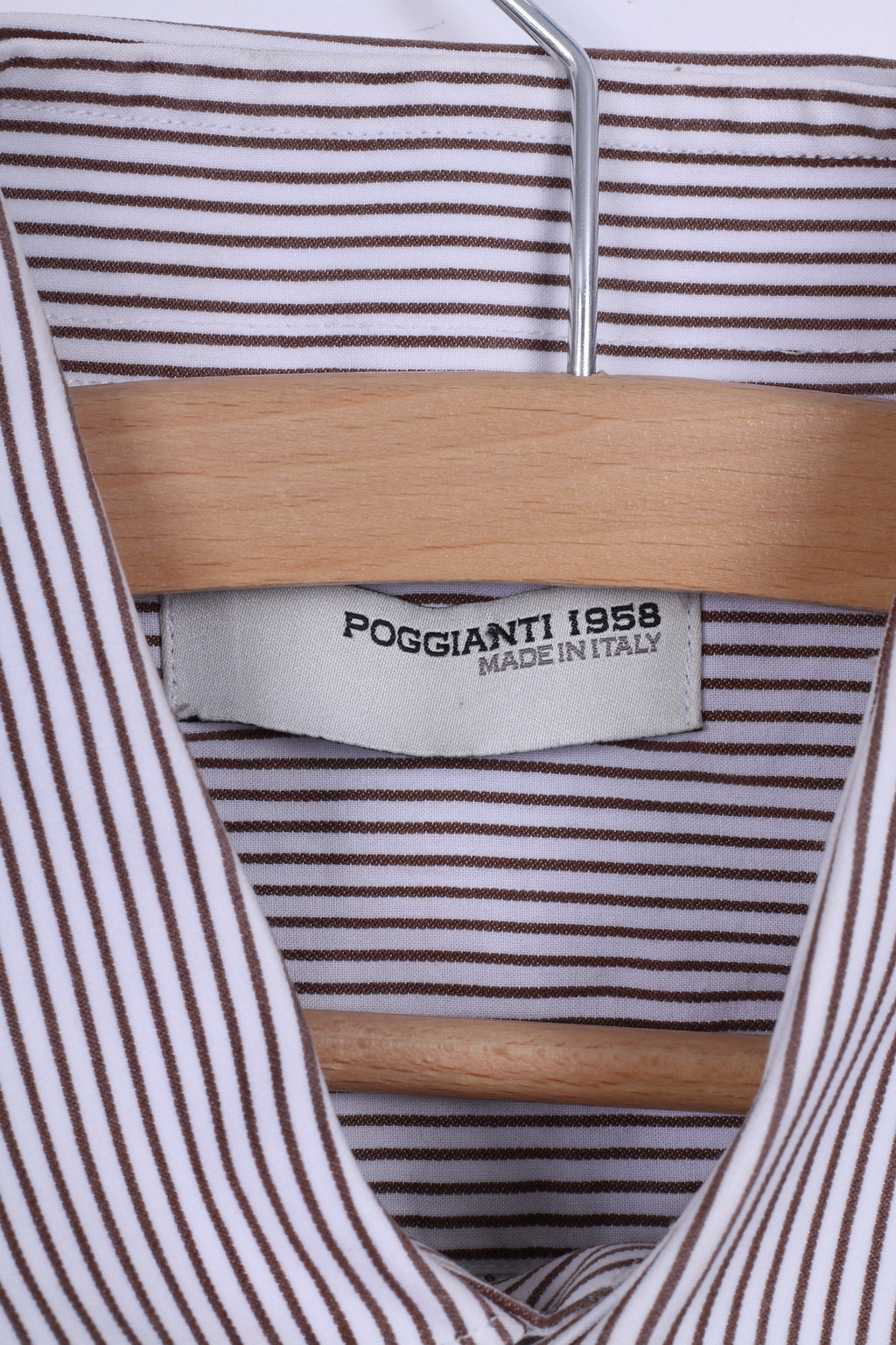 Poggianti Hommes 39 15,5 M Chemise Décontractée Blanc Marron Rayé Coton Italie Boutons Détaillés Manches Longues