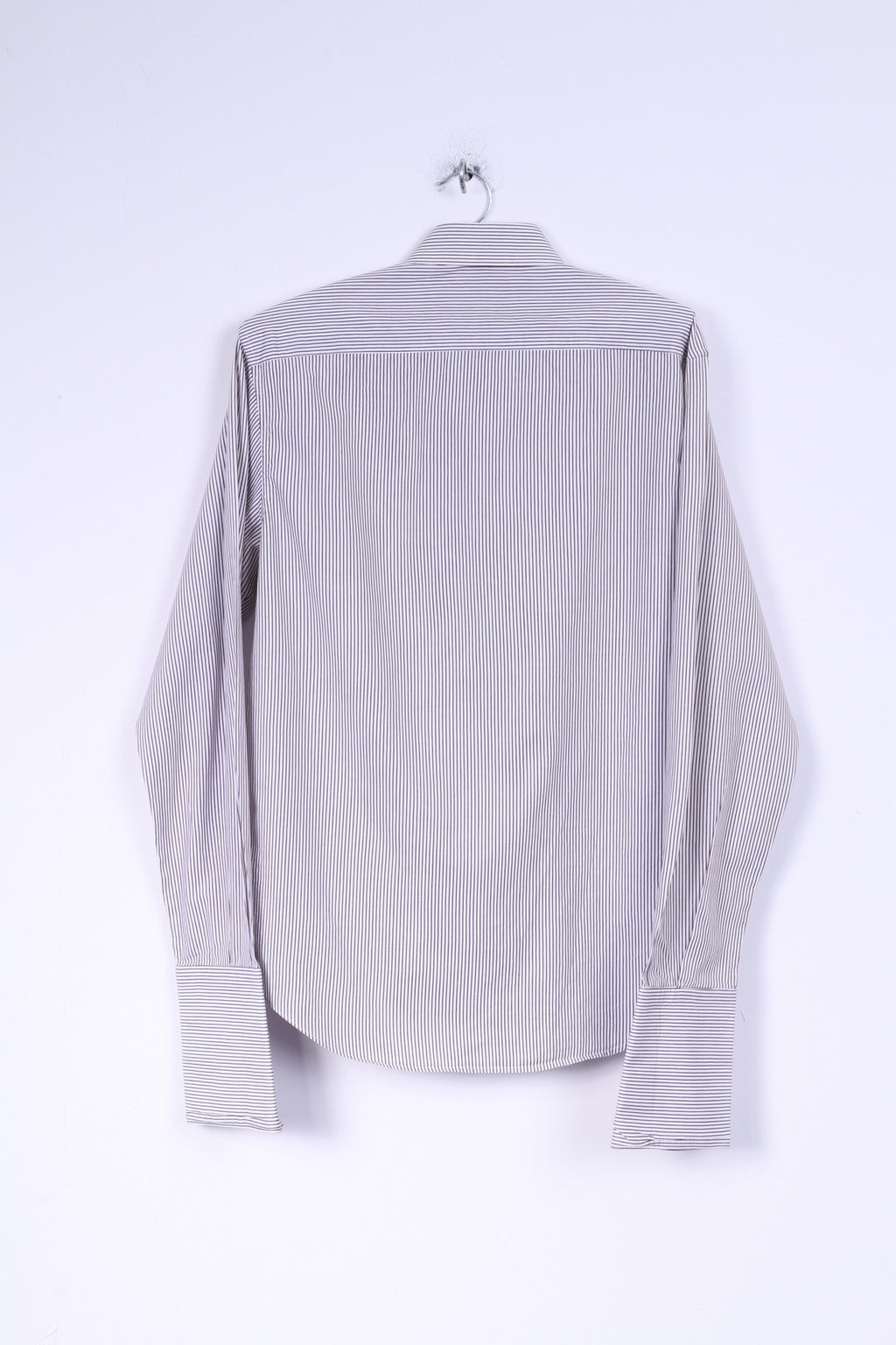 Poggianti Hommes 39 15,5 M Chemise Décontractée Blanc Marron Rayé Coton Italie Boutons Détaillés Manches Longues