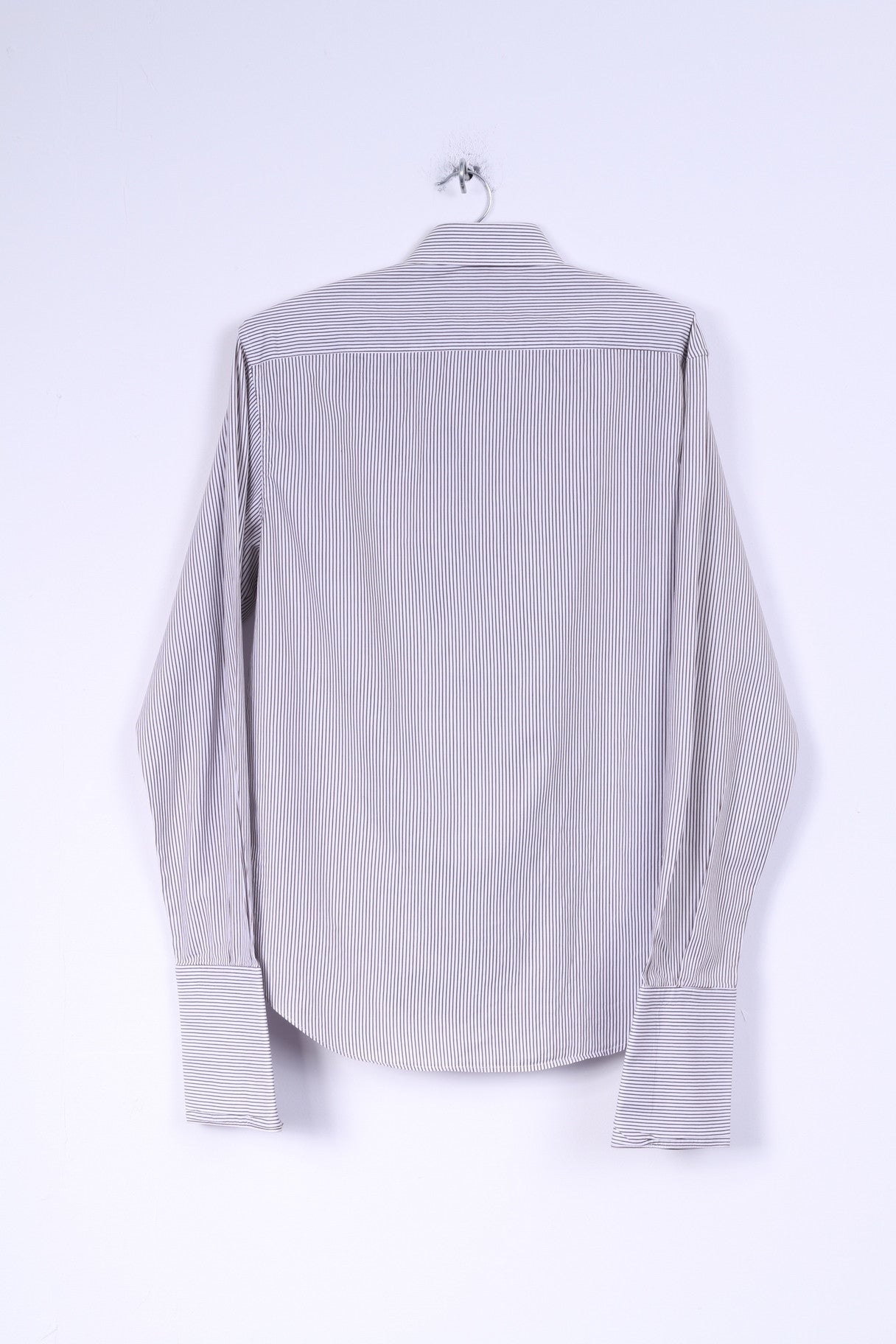 Poggianti Hommes 39 15,5 M Chemise Décontractée Blanc Marron Rayé Coton Italie Boutons Détaillés Manches Longues