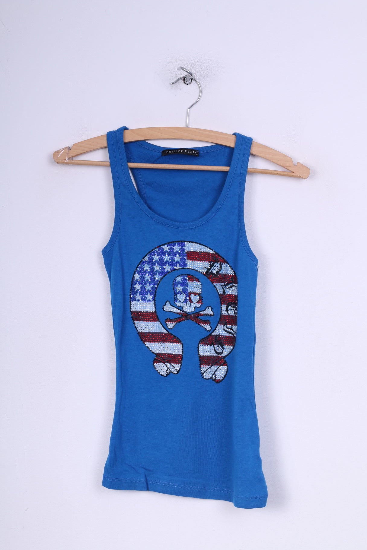 Philipp Plein Womens M Tank Top Shirt Blue Graphic Skull Summer Sleeveless Cotton