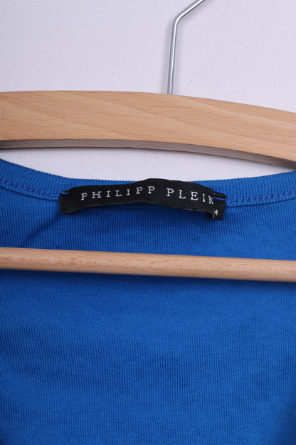 Maglietta Philipp Plein da donna M canotta blu grafica teschio estate senza maniche in cotone