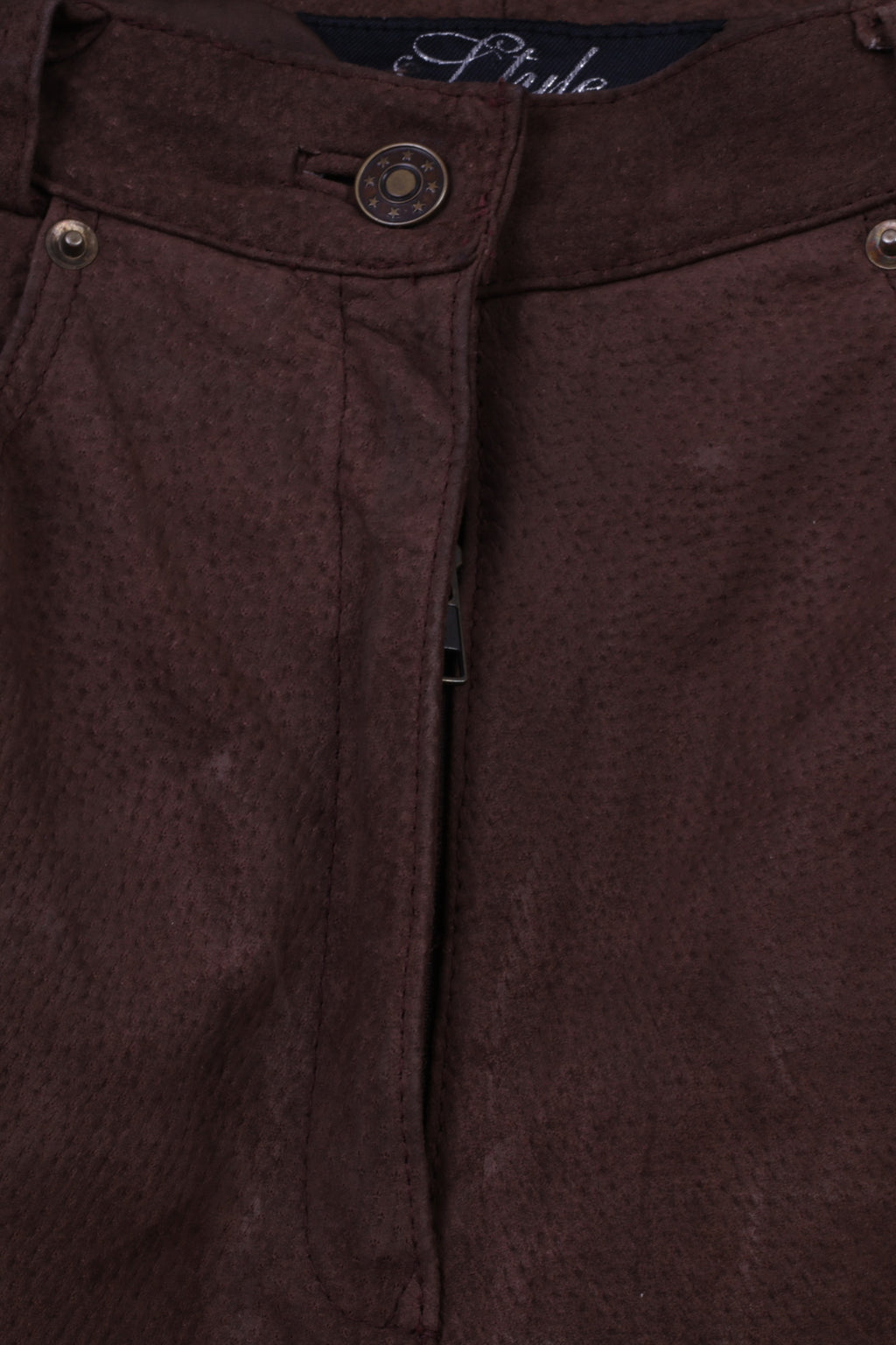 Style File Pantaloni da donna 10 S Pantaloni a vita alta retrò in pelle scamosciata marrone al 100%.