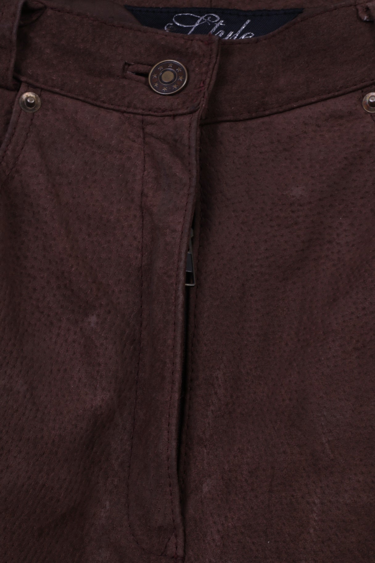 Style File Pantaloni da donna 10 S Pantaloni a vita alta retrò in pelle scamosciata marrone al 100%.