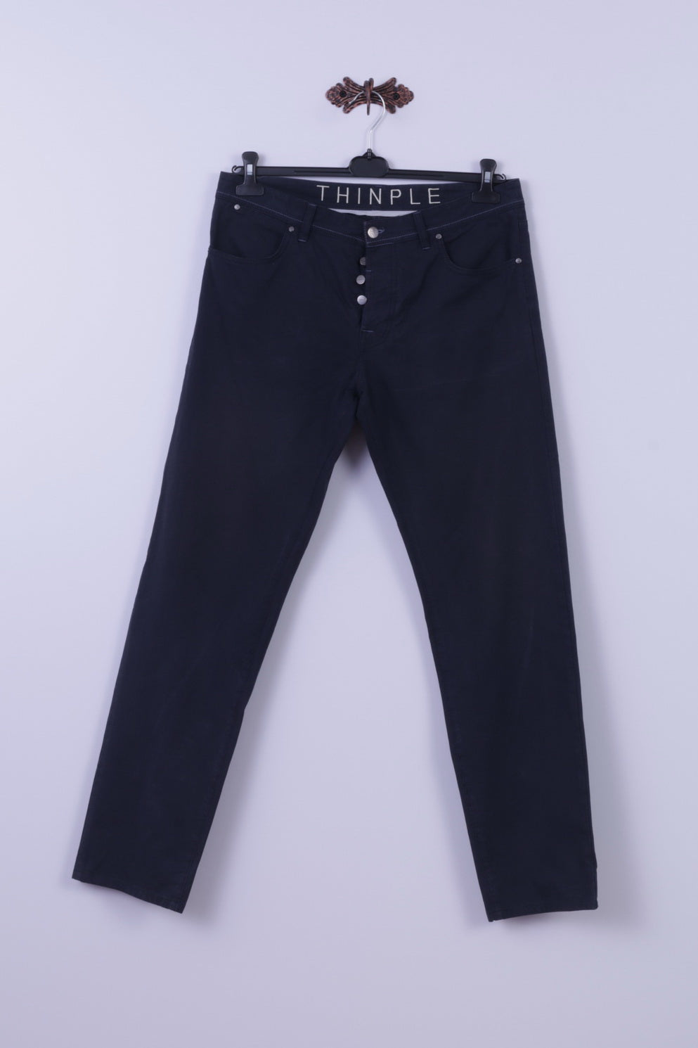 Thinple Mens 36 Trousers Navy Cotton Lycra Blend Classic Straight Leg Pants