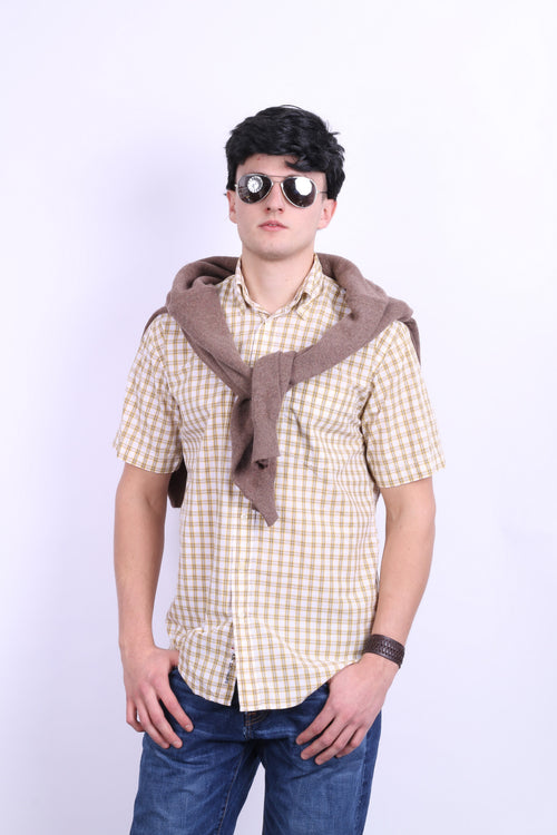 A.W. Dunmore Mens S Casual Shirt Check Yellow Cotton Short Sleeve - RetrospectClothes