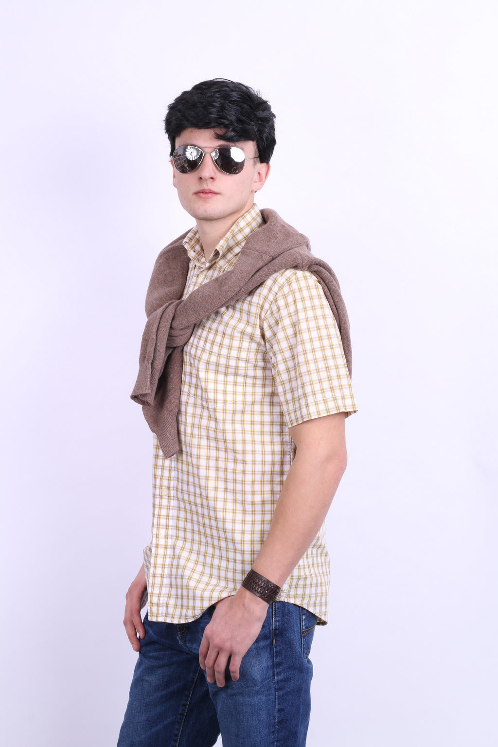 A.W. Dunmore Mens S Casual Shirt Check Yellow Cotton Short Sleeve - RetrospectClothes