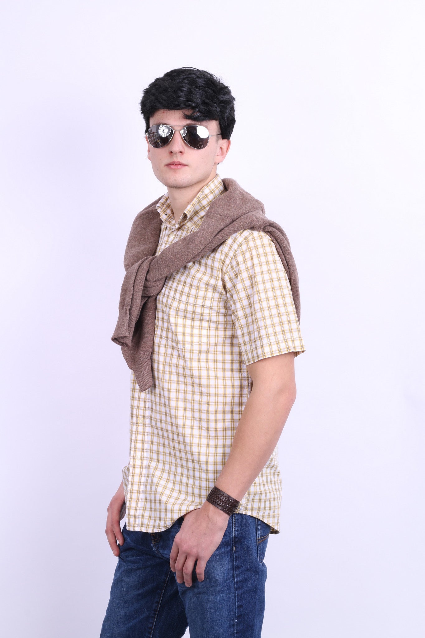 A.W. Dunmore Mens S Casual Shirt Check Yellow Cotton Short Sleeve - RetrospectClothes