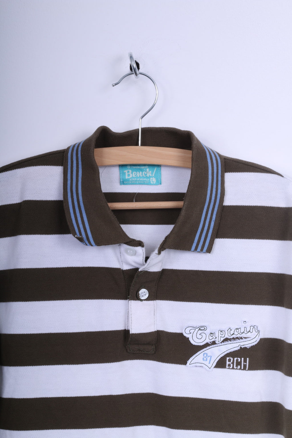 Bench Mens L Polo Shirt Brown White Striped Cotton Captain Short Sleeve