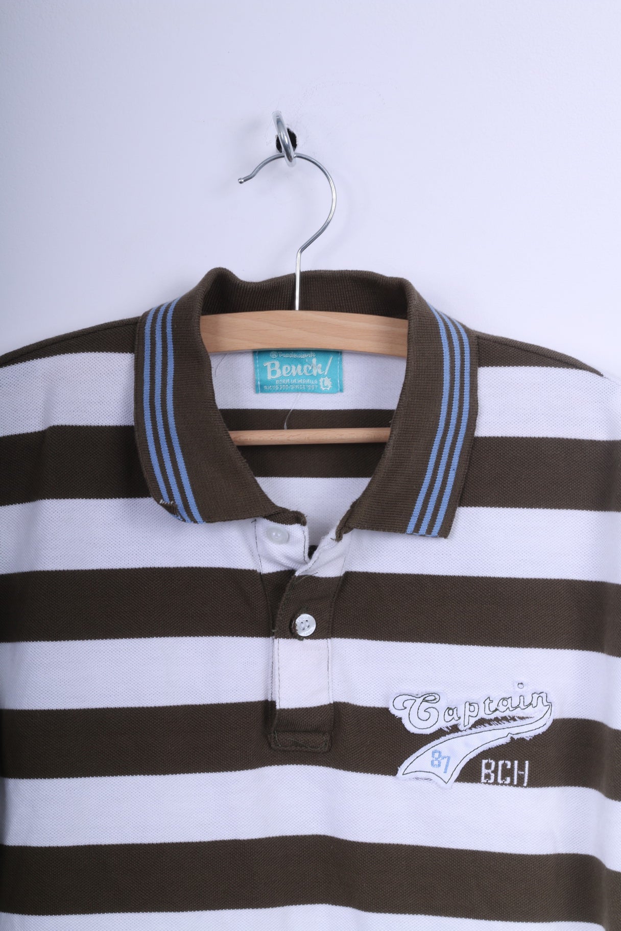 Bench Mens L Polo Shirt Brown White Striped Cotton Captain Short Sleeve