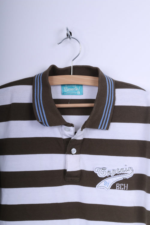 Bench Polo Homme L Marron Blanc Rayé Coton Capitaine Manches Courtes