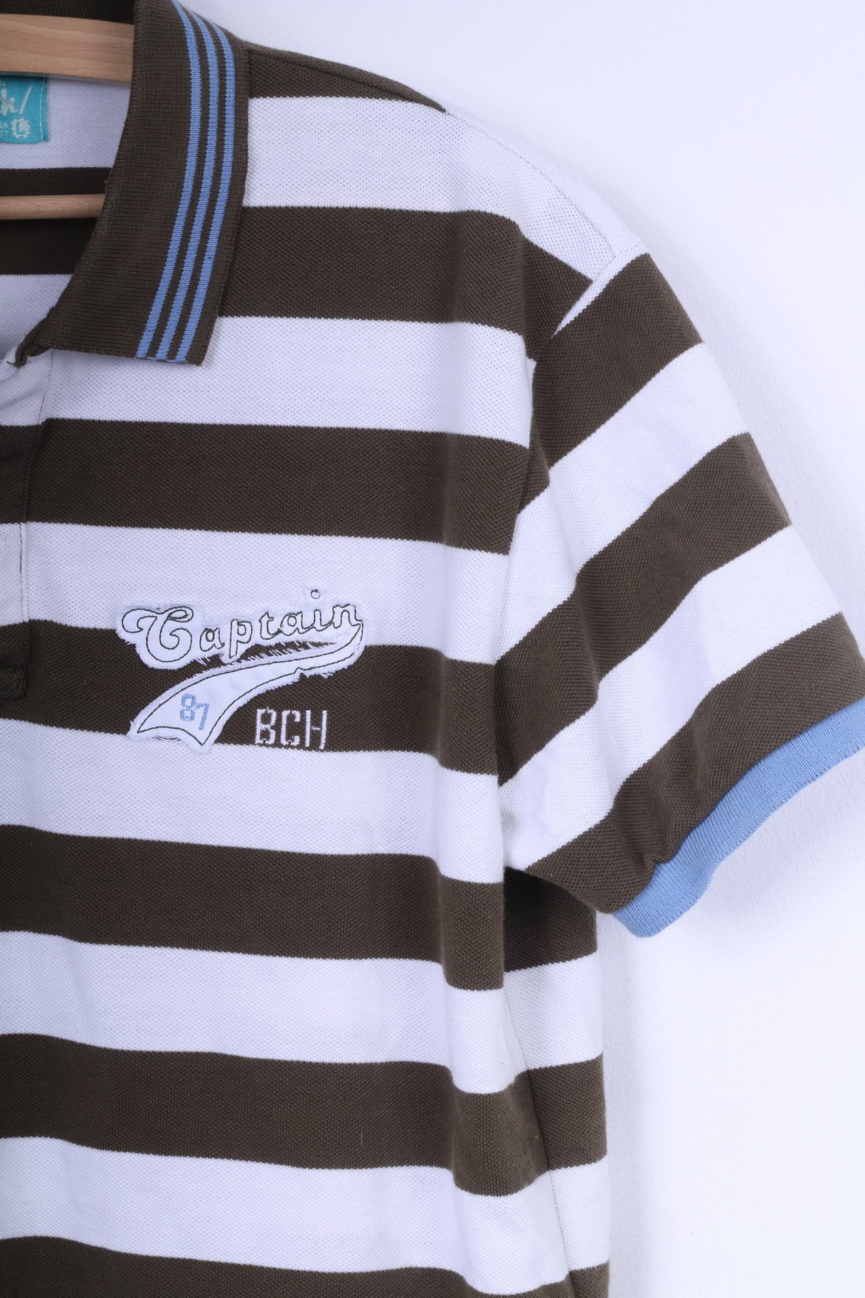 Bench Mens L Polo Shirt Brown White Striped Cotton Captain Short Sleeve