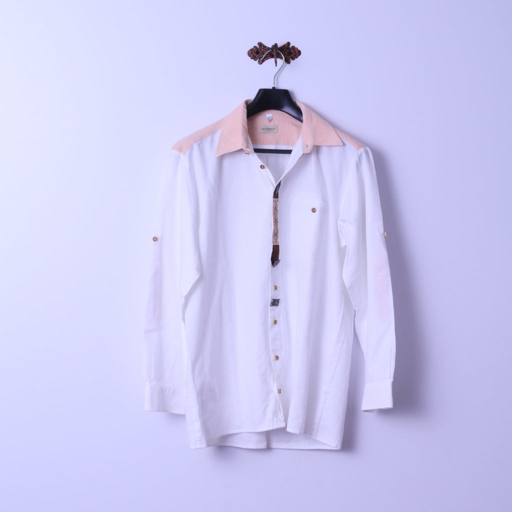 LANDHAUS C&A Naturally Mens XL 43/44 Casual Shirt White Cotton Tyrol Ebroidered Top