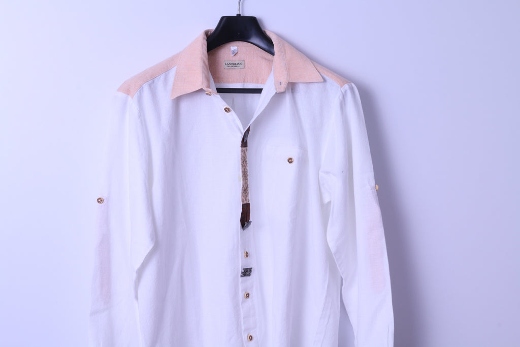 LANDHAUS C&A Naturally Mens XL 43/44 Casual Shirt White Cotton Tyrol Ebroidered Top