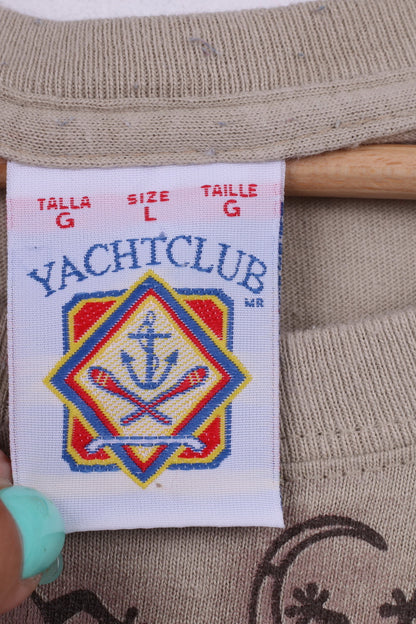 Yacht Club Mens L T-Shirt Graphic Beige Crew Neck Cotton Top Vintage