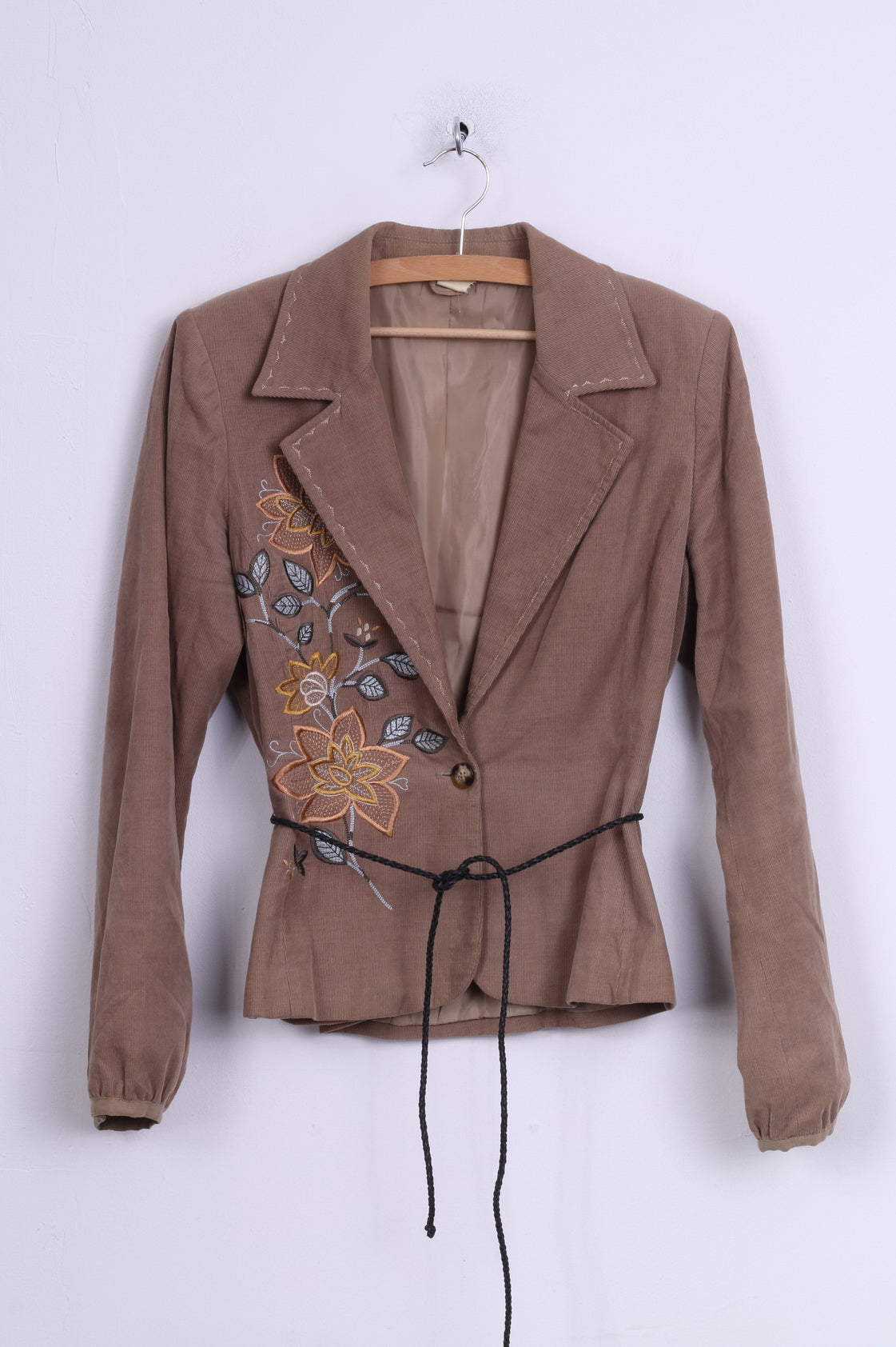 O By Isabell Kristensen Blazer da donna L (M) Top con fiori ricamati in velluto a coste beige