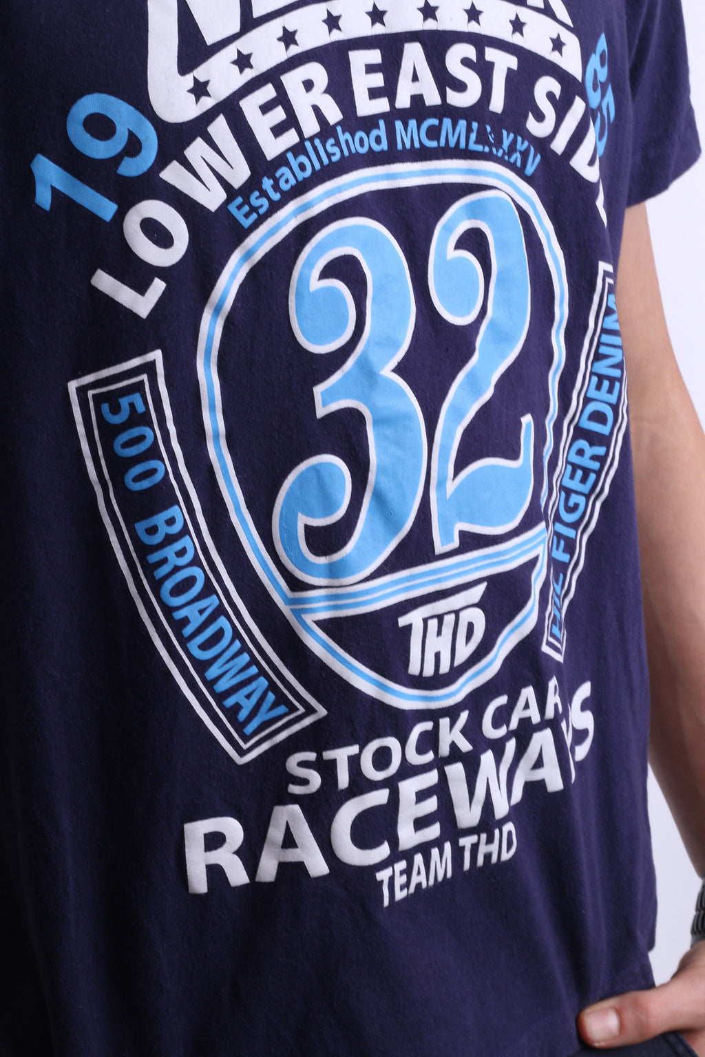 Hilfiger Denim Womens L Shirt Crew Neck Navy Cotton Raceways New York - RetrospectClothes