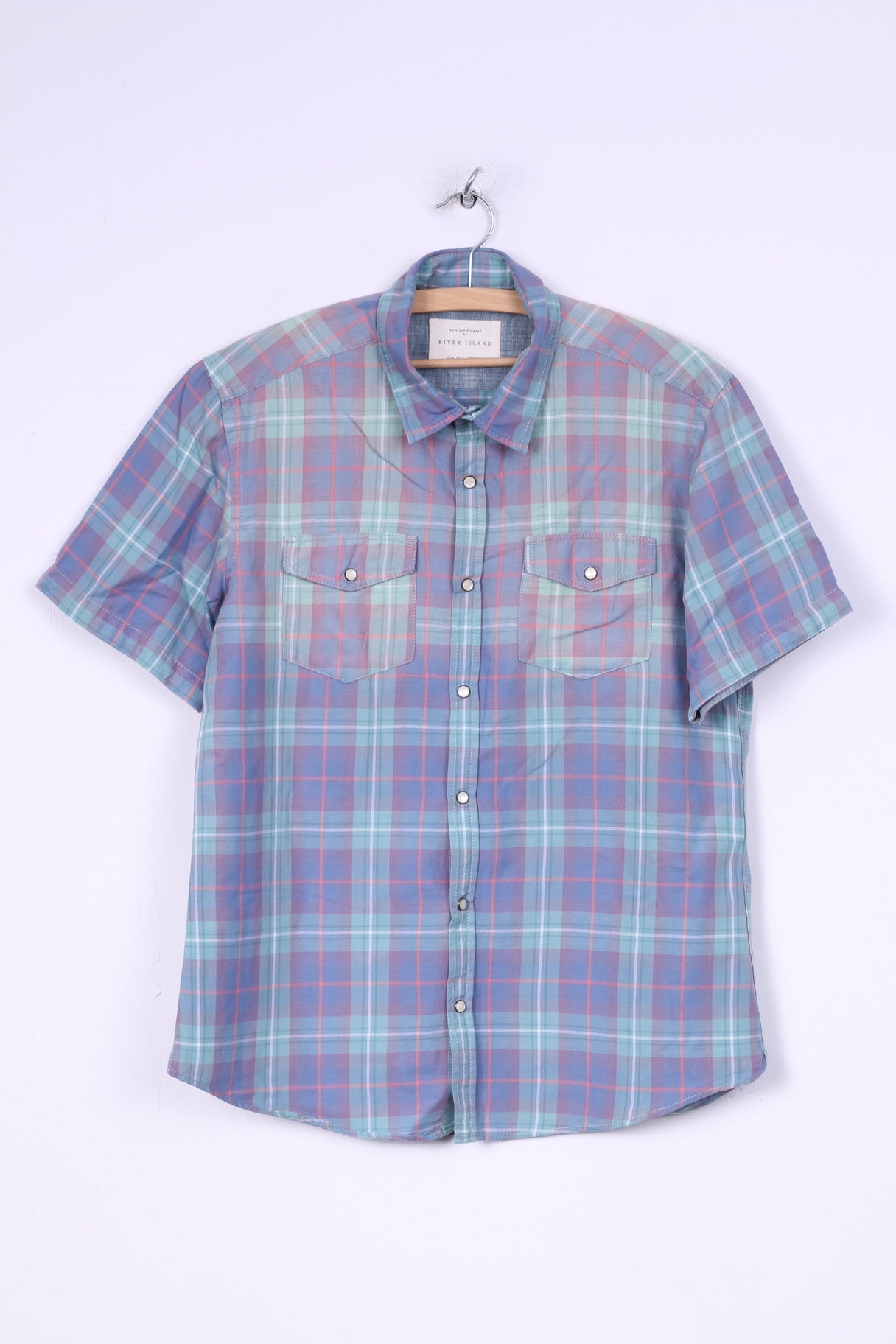 River Island Uomo L (M) Camicia casual a quadri blu manica corta estiva Top Snaps