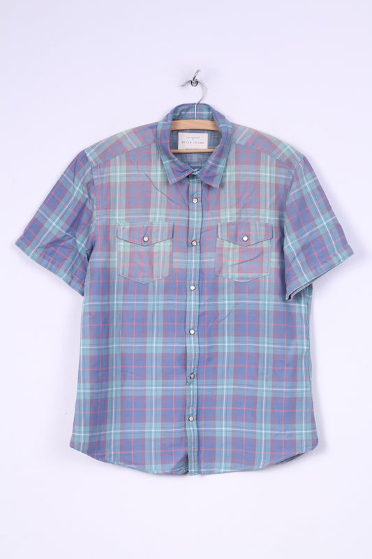 River Island Mens L (M) Casual Shirt Check Blue Short Sleeve Summer Top Snaps
